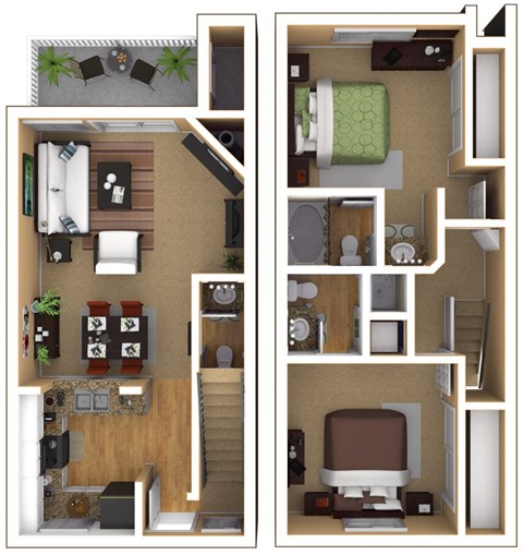 Floor plan for 2 beds, 2.5 baths, 993 sqft